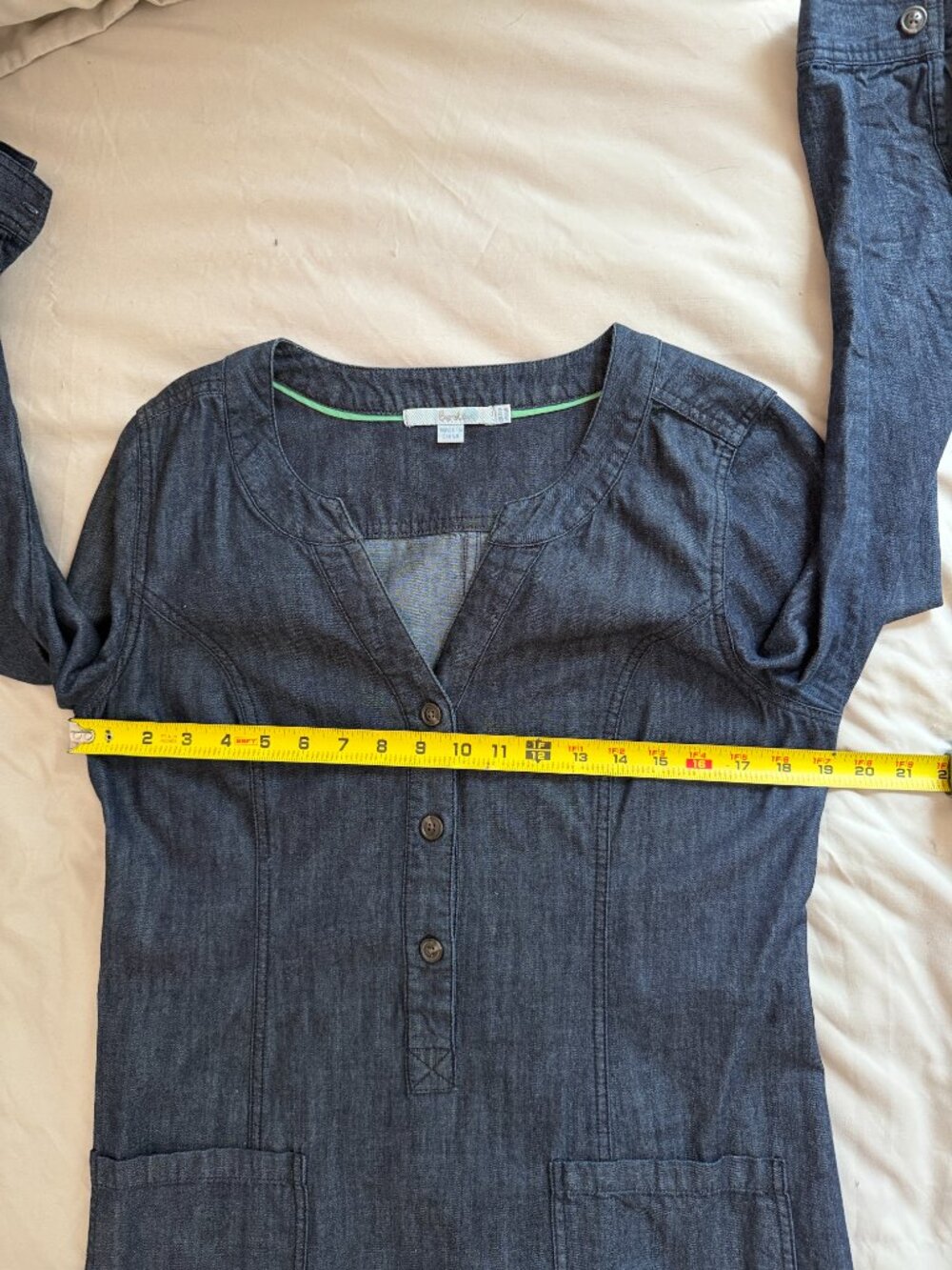 Boden Dark Wash Denim Shift Dress | Long Sleeve Button Placket | Size 8 - Picture 11 of 13